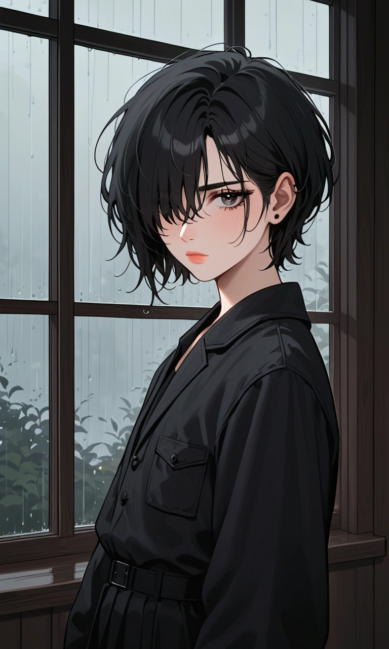 A contemplative emo femboy standing by a window on a rainy day, short hair,black hair covering one eye,dressed in a stylish outfit that subtly shows a small hard dick. The raindrops and soft lighting create a moody and introspective mood, enhancing their graceful presence, melancholic expression, 8K cinematic, sexy, revealing, closeup.