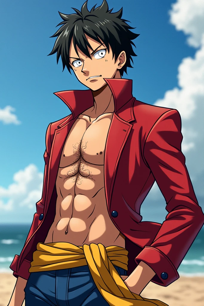 1boy, 1solo, ash ketchum, black hair, brown eyes, hair between eyes, ash ketchum, on beach, open hoodie jacket, short sleeves, shirtless, male swimwear, wet hair, wet skin, sweat skin, handsome boy, macho, good looking boy, striking a pose