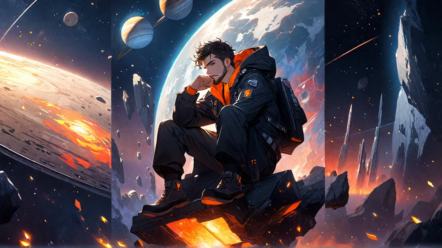 Draw a young programmer, sitting on a research platform floating in the middle of an asteroid belt. He is studying with a notebook, surrounded by several asteroids glowing with fiery auras. Dramatic lighting from distant stars and planets illuminates the scene, casting deep shadows on the suit. The young man looks confident and determined, looking at the vast and mysterious universe with wonder and respect,facial hair, cowboy shot,