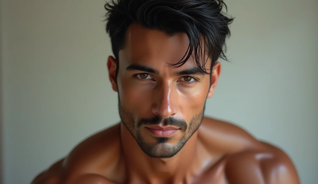 tanned man, cupid mouth and reddish, Straight Nose, sharp green eyes, straight and defined eyebrows, defined jaw, sharp cheekbones and wavy black hair, defined body, no beard and moustache
 