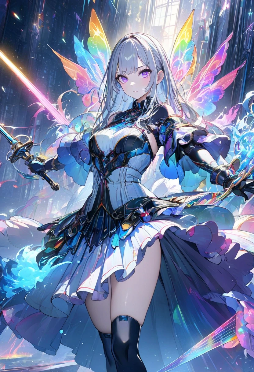 (masterpiece,  best quality :1.2,UHD,High Resolution), colorful ,  1 girl, Gray Hair,  purple eyes,  dual weeding that destroys reality , sword,  has a sword, Blue Flame, Shine, Shine武器,  light particles , wallpaper,  Chromatic Avalation,  Too Much Exposed Skin  ,  skirt、 black knee-high 、Destroying reality、I can see the rainbow butterfly 、Diffuse reflection of light、Sword Dance、 laser beams 、Flaming Flames 、 magic 、Luxurious effects