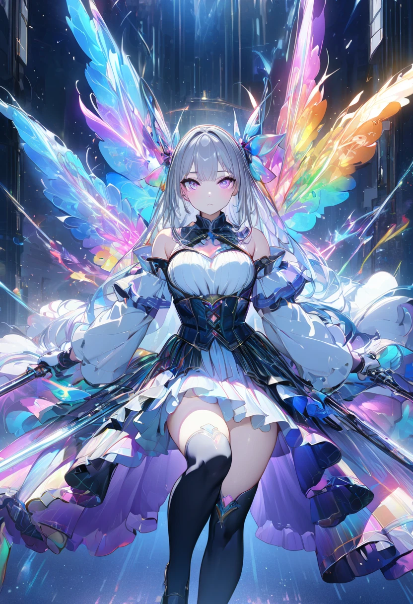 (masterpiece,  best quality :1.2,UHD,High Resolution), colorful ,  1 girl, Gray Hair,  purple eyes,  dual weeding that destroys reality , sword,  has a sword, Blue Flame, Shine, Shine武器,  light particles , wallpaper,  Chromatic Avalation,  Too Much Exposed Skin  ,  skirt、 black knee-high 、Destroying reality、I can see the rainbow butterfly 、Diffuse reflection of light、Sword Dance、 laser beams 、Flaming Flames 、 magic 、Luxurious effects