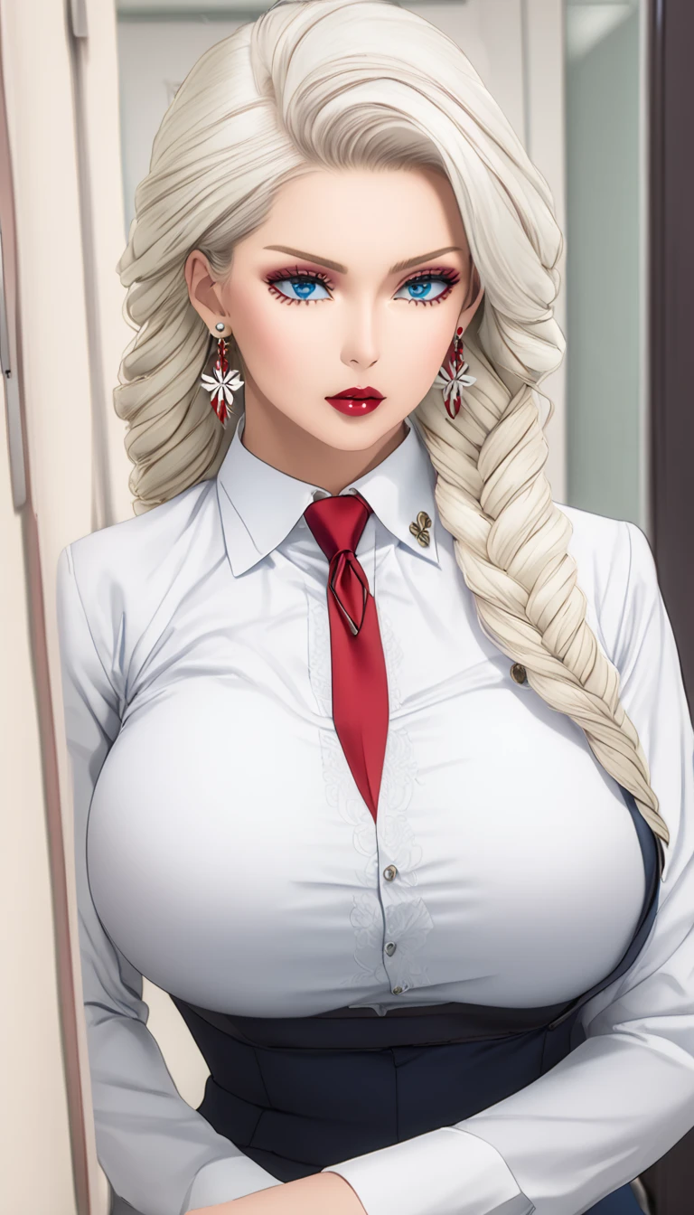 Hot beautiful mei mei, office,red lipstick,long cross Earrings,  , white hair , detailed, blue eyes , twin hair braid 
, stockings,big rounded breasts ,saree

