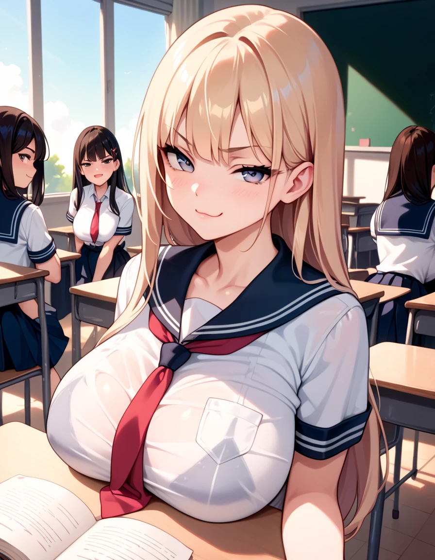 Smug woman,proud,serious face,([broad breasts), school uniform,classroom,surrounded by people,  profile view  , leaning on a table,Sunny day,very hot, everyone sweating   