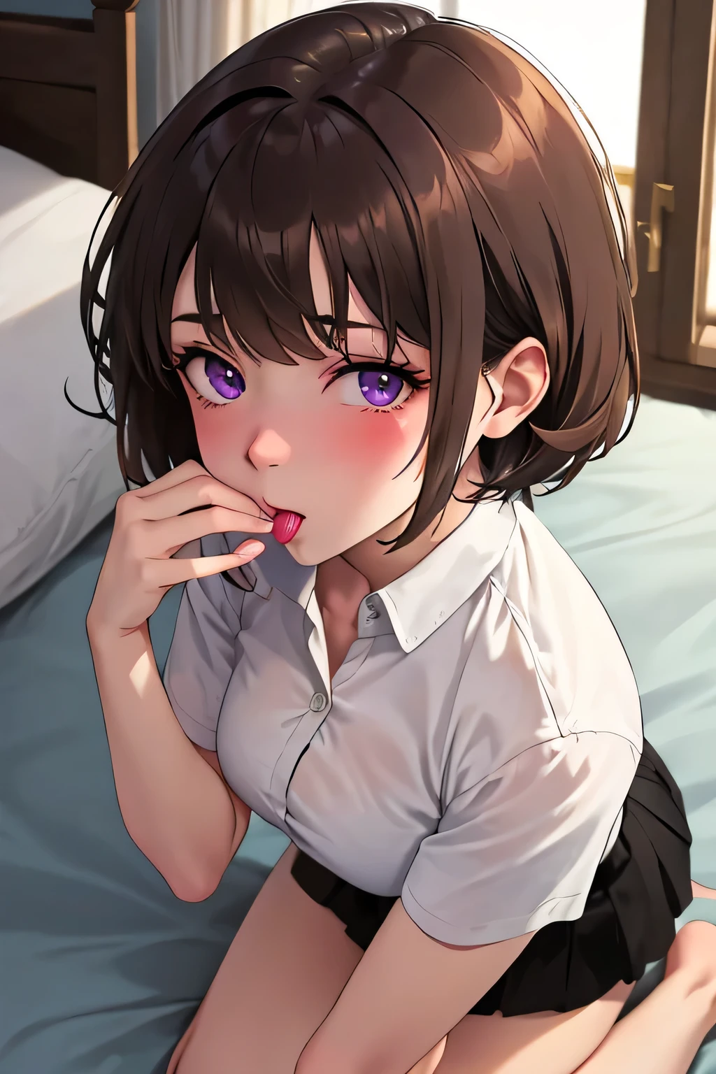 Masterpiece, Best Quality, Hi-Res, source_anime, (good_hands:0.9) , 1girl, purple eyes, brown hair, curly short hair, light purple unbuttoned shirt, black mini skirt, medium breast, curvy body, High Contrast Glossy Oily Skin, bedroom, kneeling, from above.kneel, blushing, doing blowjob, blowjob pov, sucking viewer's cock, looking at viewer, dramatic shadows, cinematic lighting, (light particles:0.8)