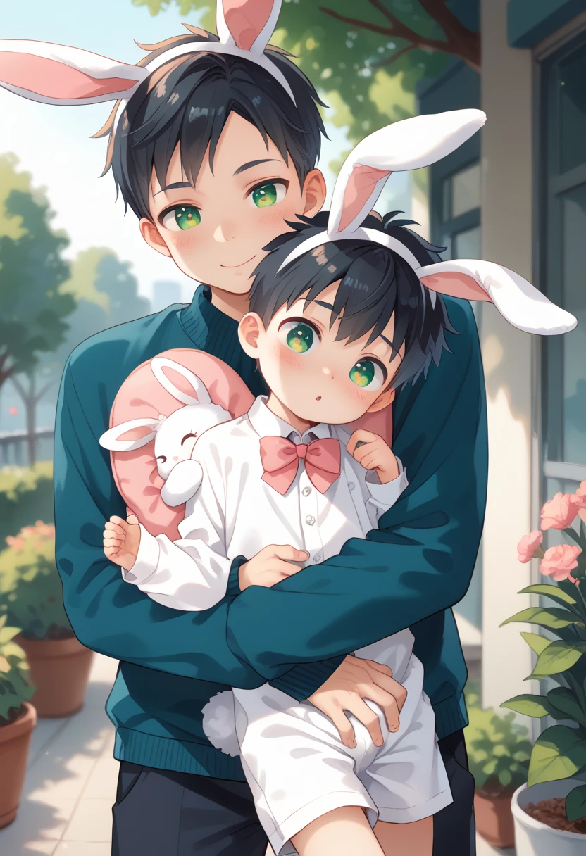 Comic style, comic anime cute boy, black hair, green eyes, slightly blushing, is a primary school boy, baby clothes, bunny suit pink, cute face, big eyes, anime drawing style, shota boy size,slim body, boy's body, gay, boys love it, man and boy, heart in pupil baby boy, small boy, arm hug holding boyfriend, baby bunny clothes 