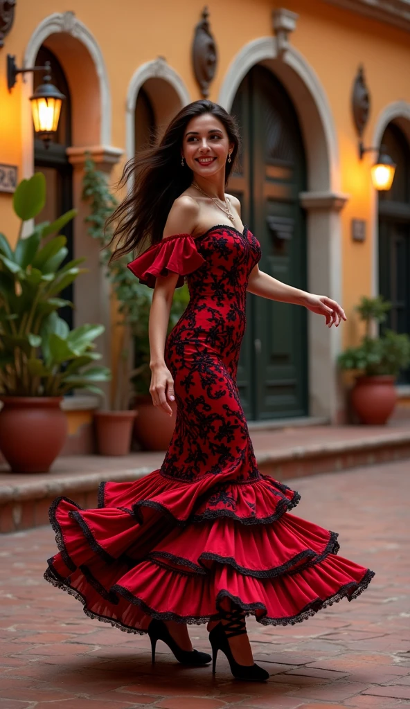 : "A perfect Spanish woman walking confidently down a charming street in a historic Spanish town, like Seville or Granada. she is about 30 years old, with a slim and athletic body, lightly tanned skin and an oval face with defined cheekbones, full lips and a discreet smile. His eyes are large and light brown, and her eyebrows are arched and well defined. She has dark brown hair, long and slightly wavy, loose with natural volume. She wears a modern flamenco dress in vibrant red with black details., fitted at the waist and with a slight train. The dress features ruffles and floral patterns that move smoothly as she walks.. She holds a traditional Spanish fan with elegance., wears gold hoop earrings and thin bracelets on her arms. The surrounding scenery includes a picturesque square with a central fountain and historic buildings in the background., illuminated by the soft glow of the evening sun, which creates delicate shadows and highlights your silhouette. The composition is centered, with a warm, rich color palette, capturing the dynamism of the scene and the captivating presence of the woman." new