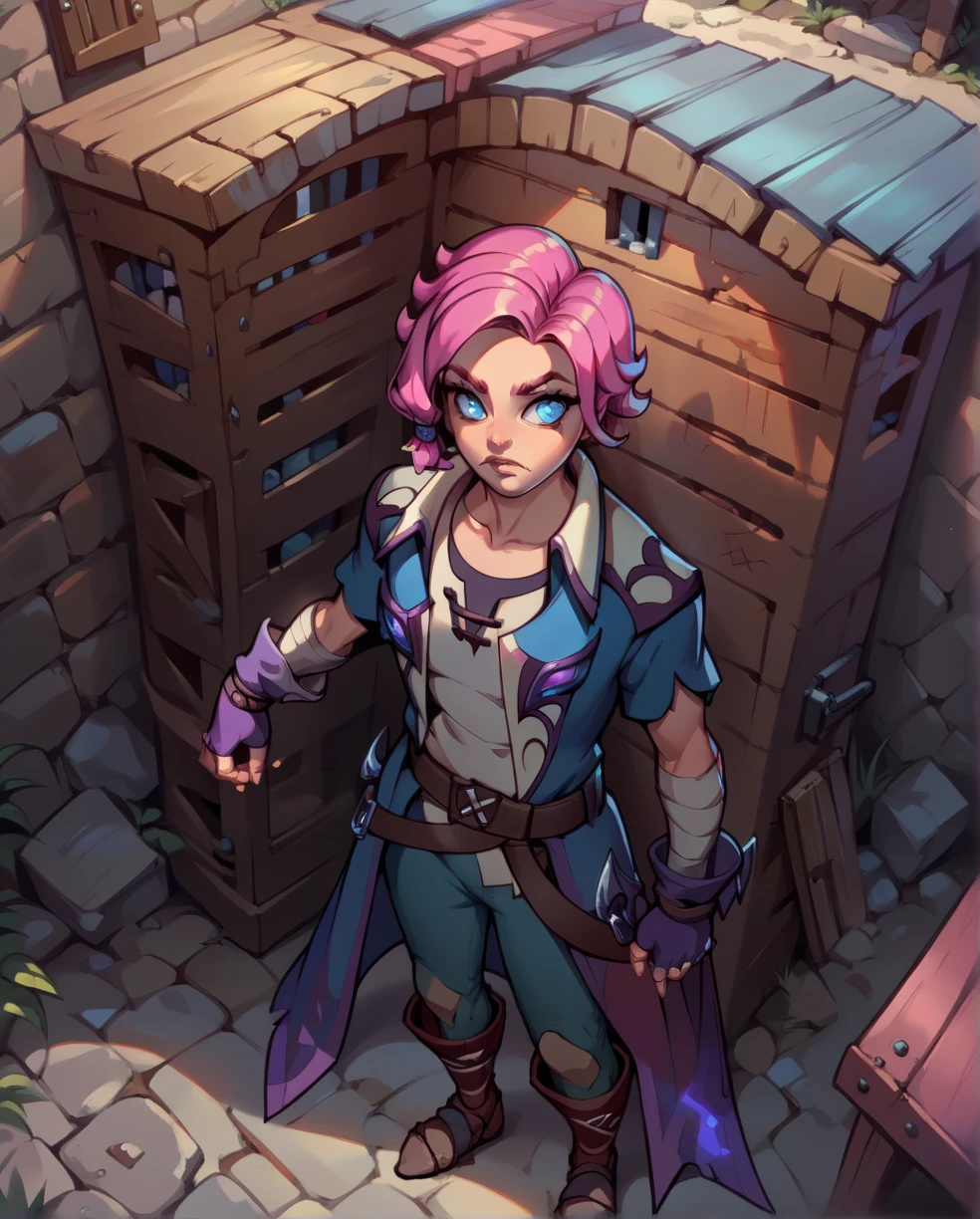  score_9, score_8_above, score_7_above,
Maeve  ,alone.  short pink hair with a bow,blue slit paboveils,Blue eyes,
  belt,  fingerless gloves  ,shirt,shelter,short sleeve,
aboveper body,Standing,
afternoon,outside,Alley, desnuda,boobs, nipples,