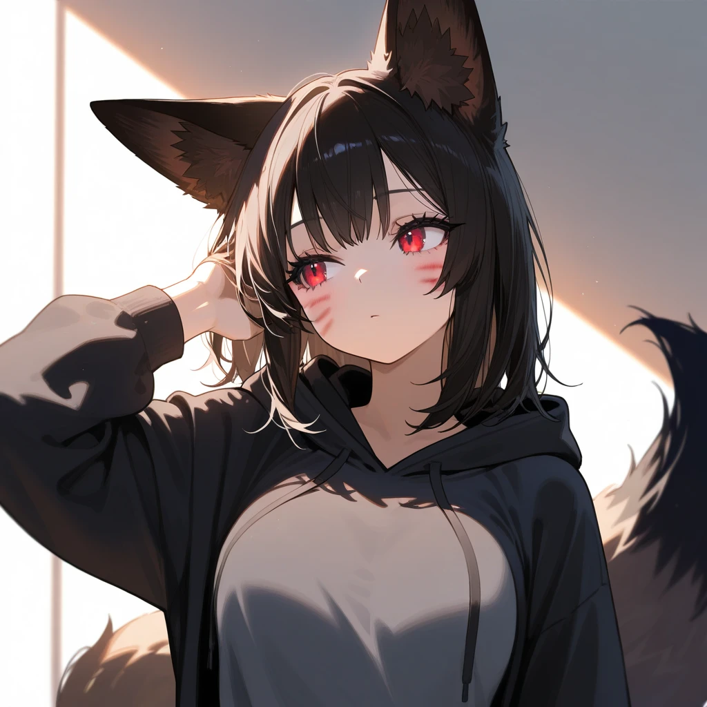 1 girl, solo, fox girl, fox ears, fox tail, black hair, fur, fluffy tail, face marks, small face marks, red eyes, long eyelashes, medium hair, breast, gray shirt, lookin to the camera, close up, upper body, hand in hair, peace sign, 5 fingers, black hoodie, cinematic light, afternoon, masterpiece, bes quality, 4k, light, shadows, shaders