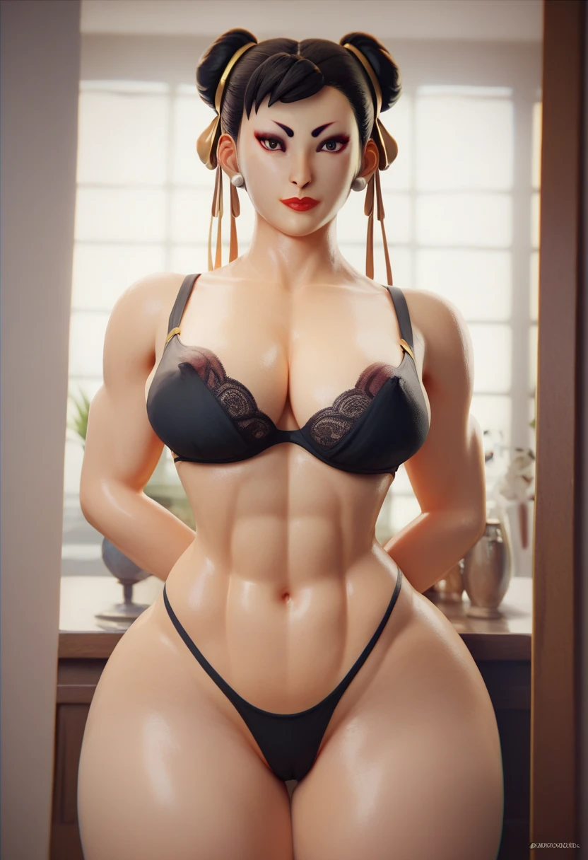 Chun-Li black hair tied short medium tits healed abdomen big thick legs sarada Black thong panties and black bra in front of the mirror posing sexy