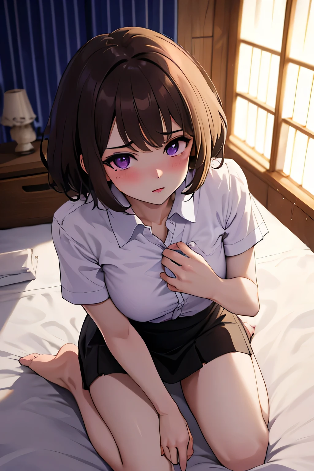 Masterpiece, Best Quality, Hi-Res, source_anime, (good_hands:0.9) , 1girl, purple eyes, brown hair, curly short hair, light purple unbuttoned shirt, black mini skirt, medium breast, curvy body, High Contrast Glossy Oily Skin, bedroom, kneeling, from above.kneel, blushing, doing paizuri, paizuri pov, paizuri invitation, looking at viewer, dramatic shadows, cinematic lighting, (light particles:0.8)