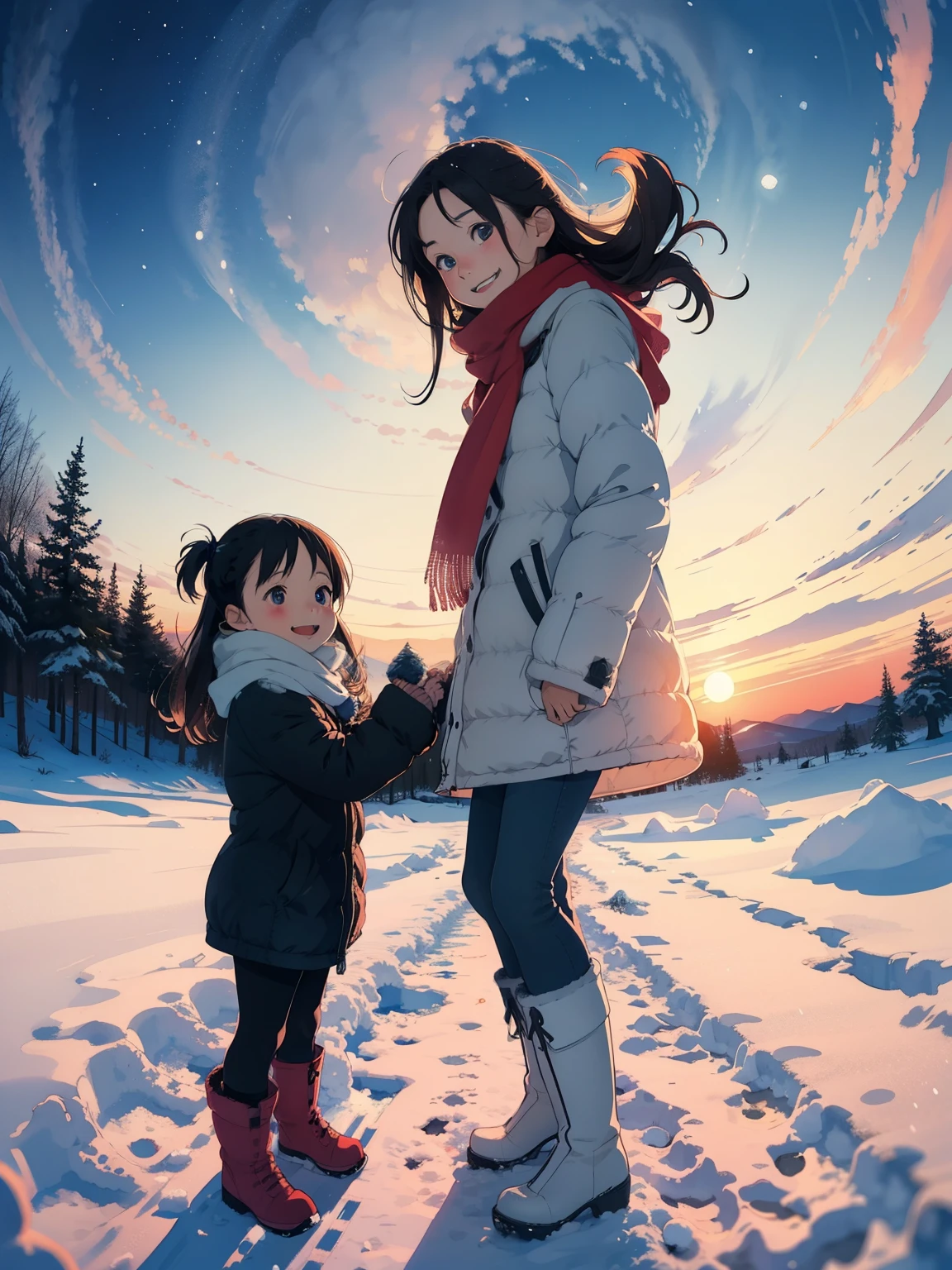 masterpiece， best quality，High image quality，( super flat， flat shading )， fisheye lens，Beautiful petite trained young mother and her very cute little trained daughter:1.25， warm scarf，(naked)， long hair， boots，smile, smile，White Breath:1.2，fun, play, winter, snow, 新snow，At dusk，Beautiful sunset， Aurora，Wide angle,    bright color , watercolor,  Ghibli style ，Strong winds，  girl&#39;Lure，