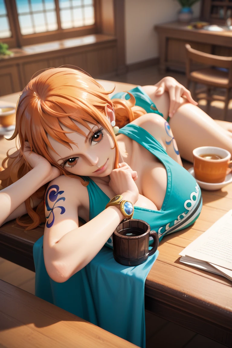 anime girl laying on the grass with her legs crossed, nami from one piece, nami one piece, nami, beautiful portrait of nami, from one piece, hq, one piece, anime girl named lucy, full colored, hq artwork, badass pose, seductive anime girl, she has long orange brown hair, monokini, anime still, marin kitagawa fanart
