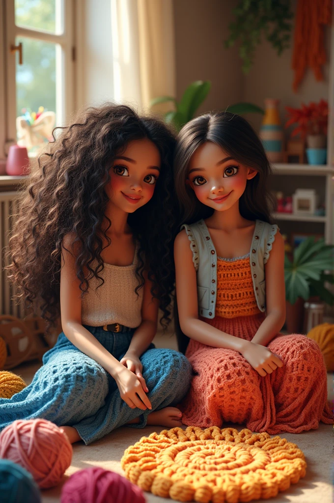 Two Girls, curly hair, petite, watching tv, happy, one mixed Guy tall