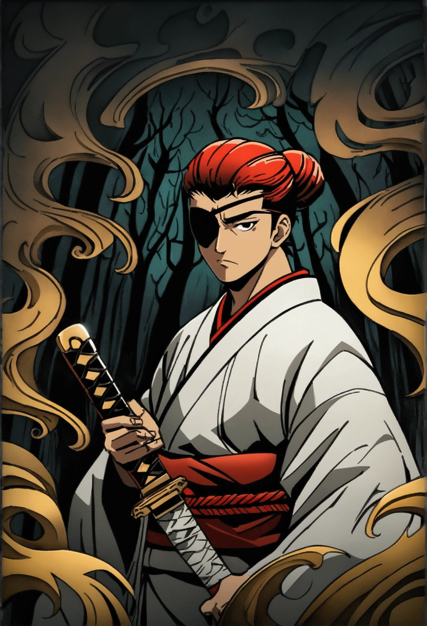 ((Artwork)), (8K), (anime style), 1 oriental man, red samurai bun hair, brown iris color, medium nose, wearing a black eye patch on his left eye, wearing white kimono with golden waves with black details, holding katana. Steady pose, serious look, ((Dark forest background scenery)).