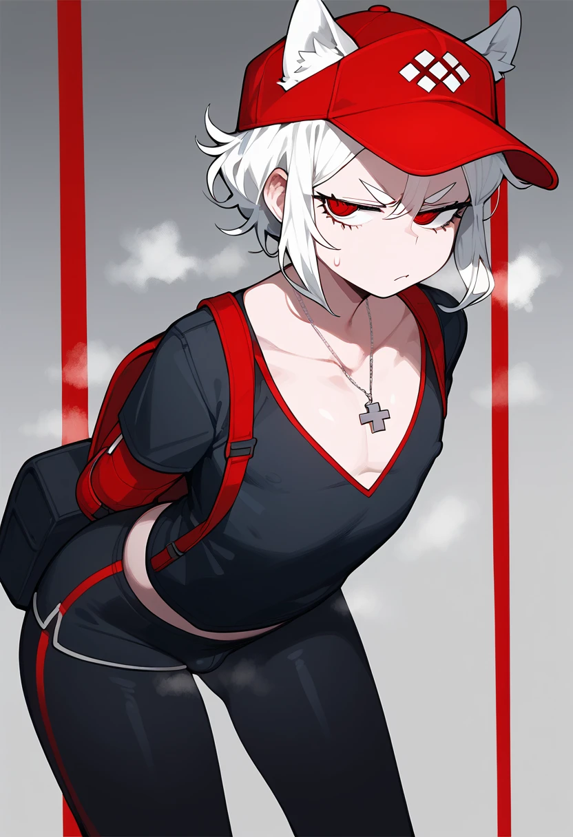 the embodiment of war as a femboy knight, helltaker demon boy 1, dog ears, cerberus, red eyes, short hair, red background, room background, detailed background, background with details, reflections, shadows and lights, black shorts, red eyes, alone, red and gray background, femboy, annoyed, displeased,Red cap, black leggings, work clothes, pin on chest, black gym pants, steam, carrying delivery backpack, shorts pants, sitting with legs open, showing the ass