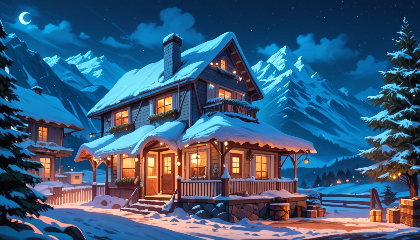  (a house in the mountains, christmas, chimney, night, moonlight)