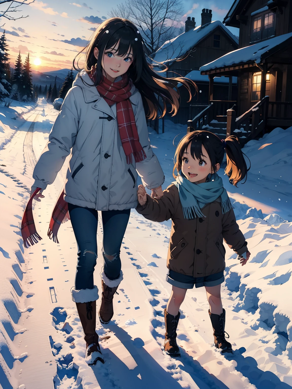 masterpiece， best quality，High image quality，( super flat， flat shading )， fisheye lens，Cute petite young mother in training and her cute little training daughter:1.25， warm scarf，(naked)， long hair， boots，smile, smile，White Breath:1.2，fun, play, winter, snow, 新snow，At dusk，Beautiful sunset， Aurora，Wide angle,    bright color , watercolor,  Ghibli style ，Strong winds，  girl&#39;Lure，