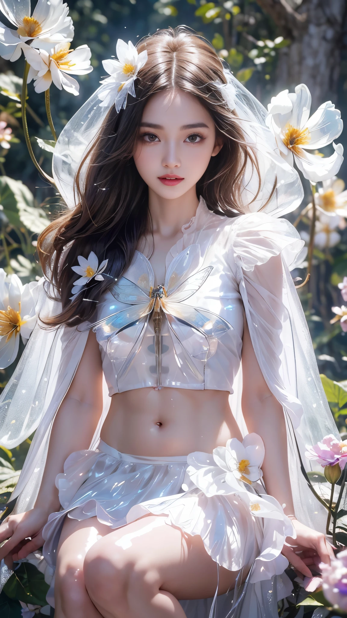 masterpiece,best quality,(illustration)),extremely detailed CG unity 8k wallpaper,game_cg,((1girl)),solo, (beautiful detailed eyes),((shine eyes)),goddess,fluffy hair,messy_hair,ribbons,hair_bow,flowing hair, (glossy hair), (Silky hair),((white stockings)),(((gorgeous crystal armor))),cold smile,stare,cape,(((crystal wings))),((grand feathers)),((altocumulus)),(clear_sky),(snow mountain),((flowery flowers)),(flowery bubbles),cloud map plane,((crystal)),crystal poppies,(lacy) (misty),(posing sketch),(Brilliant light),cinematic lighting,((thick_coating)),(glass tint),(watercolor),(Ambient light),long_focus,(Colorful blisters),ukiyoe style