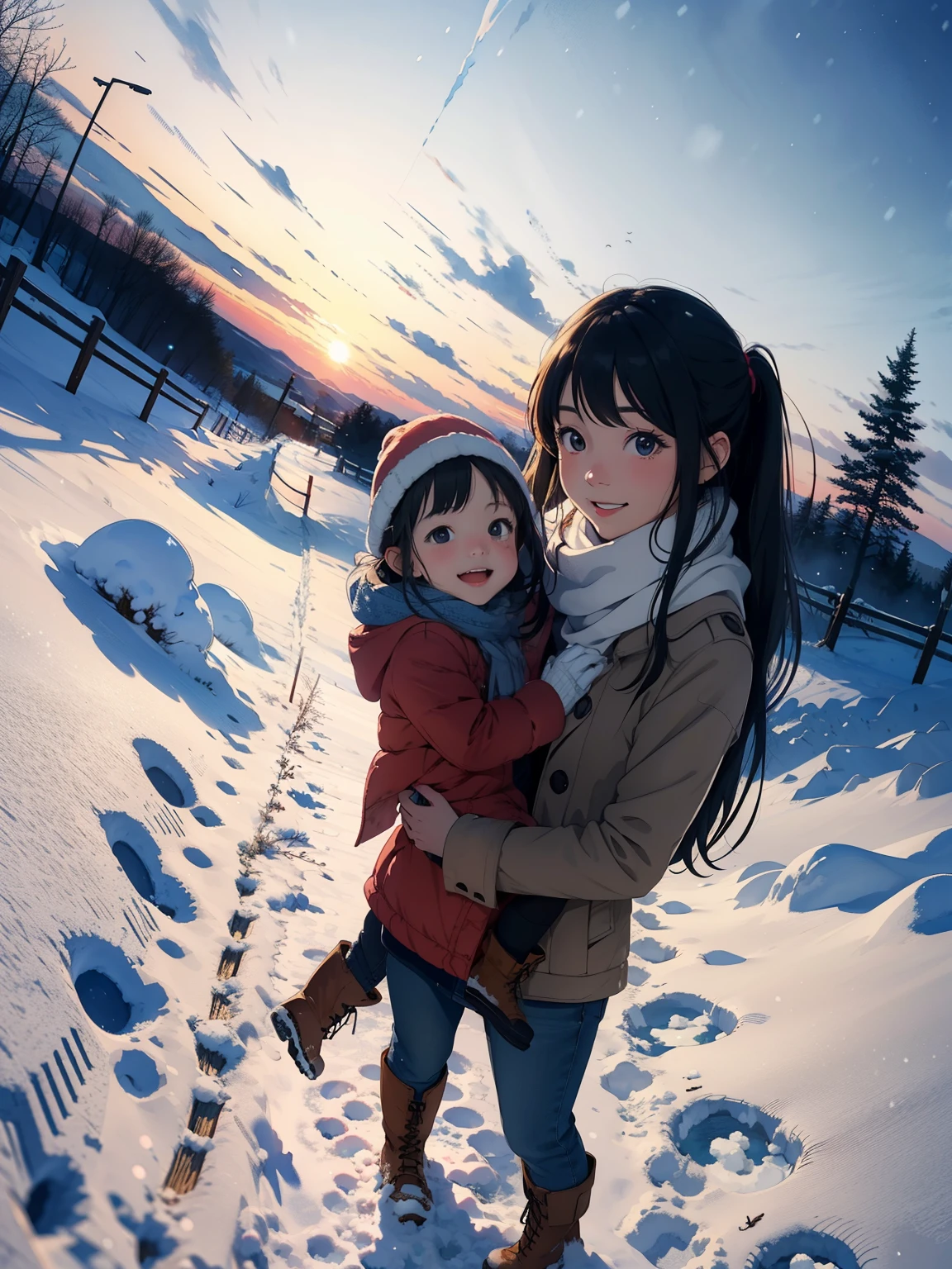 masterpiece， best quality，High image quality，( super flat， flat shading )， fisheye lens，Cute petite young mother in training and her cute little training daughter:1.25， warm scarf，(naked)， long hair， boots，smile, smile，White Breath:1.2，fun, play, winter, snow, 新snow，At dusk，Beautiful sunset， Aurora，Wide angle,    bright color , watercolor,  Ghibli style ，Strong winds，  girl&#39;Lure，