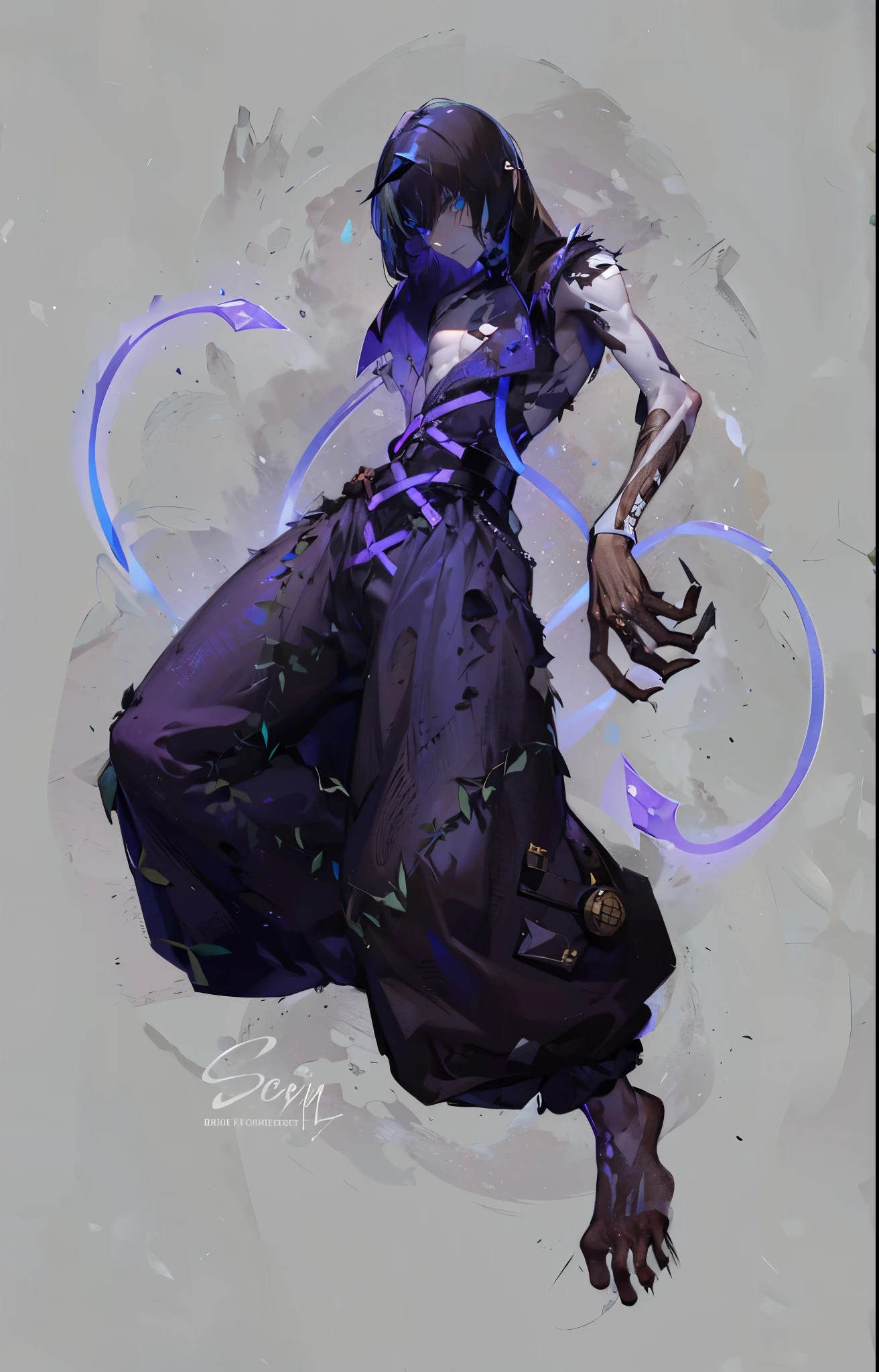 Woman of darkness, its body has a black and dark purple color, her clothes are torn and she seems to float, She watches her hand with an air of seriousness, she is a pretty, the image is full of details, woman possessed by darkness, 