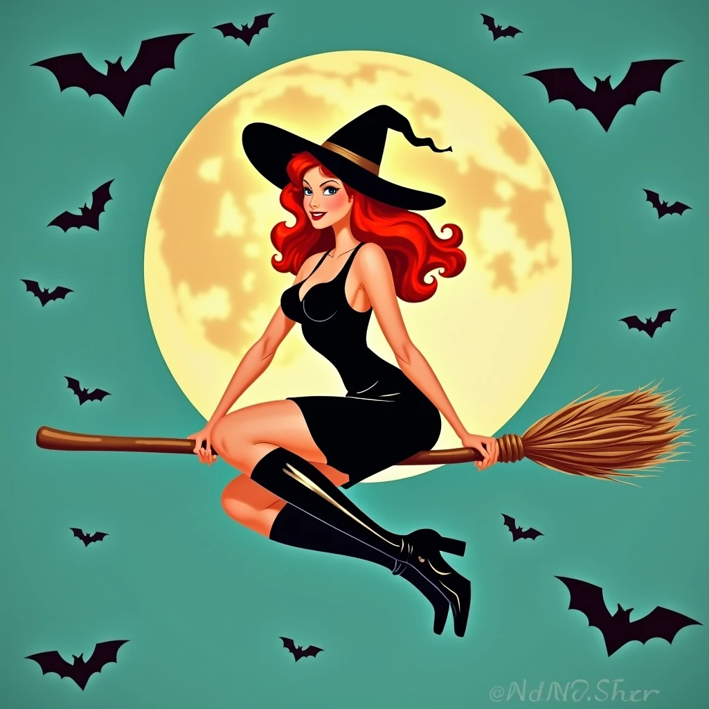 Woman with witch hat, in top and boxers, backwards, looking towards the full moon, with underwear hanging from a broom