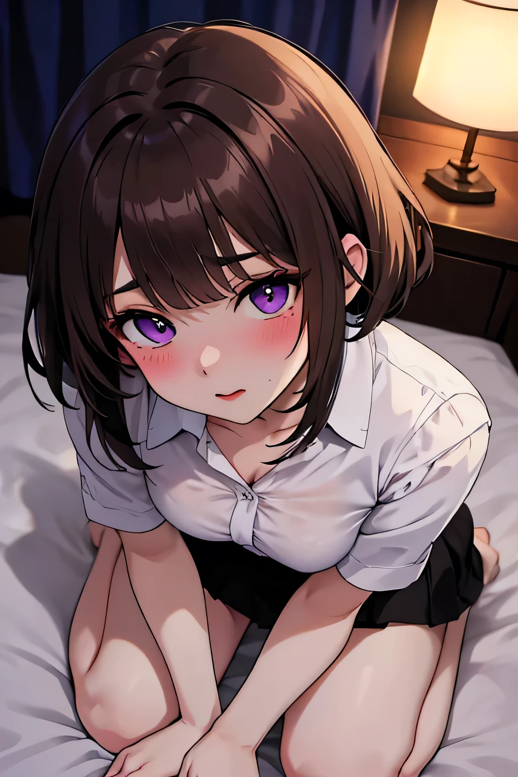Masterpiece, Best Quality, Hi-Res, source_anime, (good_hands:0.9) , 1girl, purple eyes, brown hair, curly short hair, light purple unbuttoned shirt, black mini skirt, medium breast, curvy body, High Contrast Glossy Oily Skin, bedroom, kneeling, from above.kneel, blushing, doing paizuri, paizuri pov, paizuri invitation, looking at viewer, dramatic shadows, cinematic lighting, (light particles:0.8)