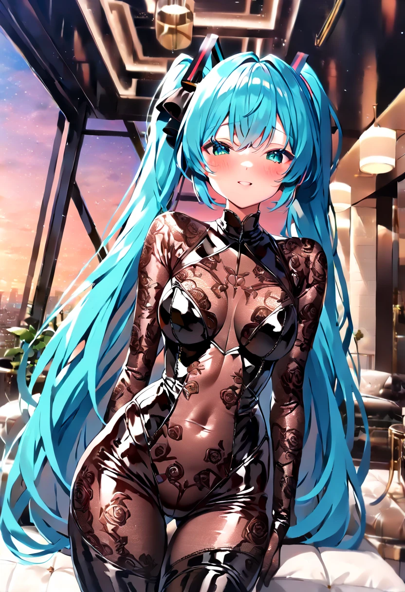 (hatsune miku:1.2), (blush:1.4), (gleaming skin, shiny skin:1.4), (rose lace body suit, sheer, tight, skin tight:1.4), (luxurious penthouse, indoor rooftop hall:1.4), 