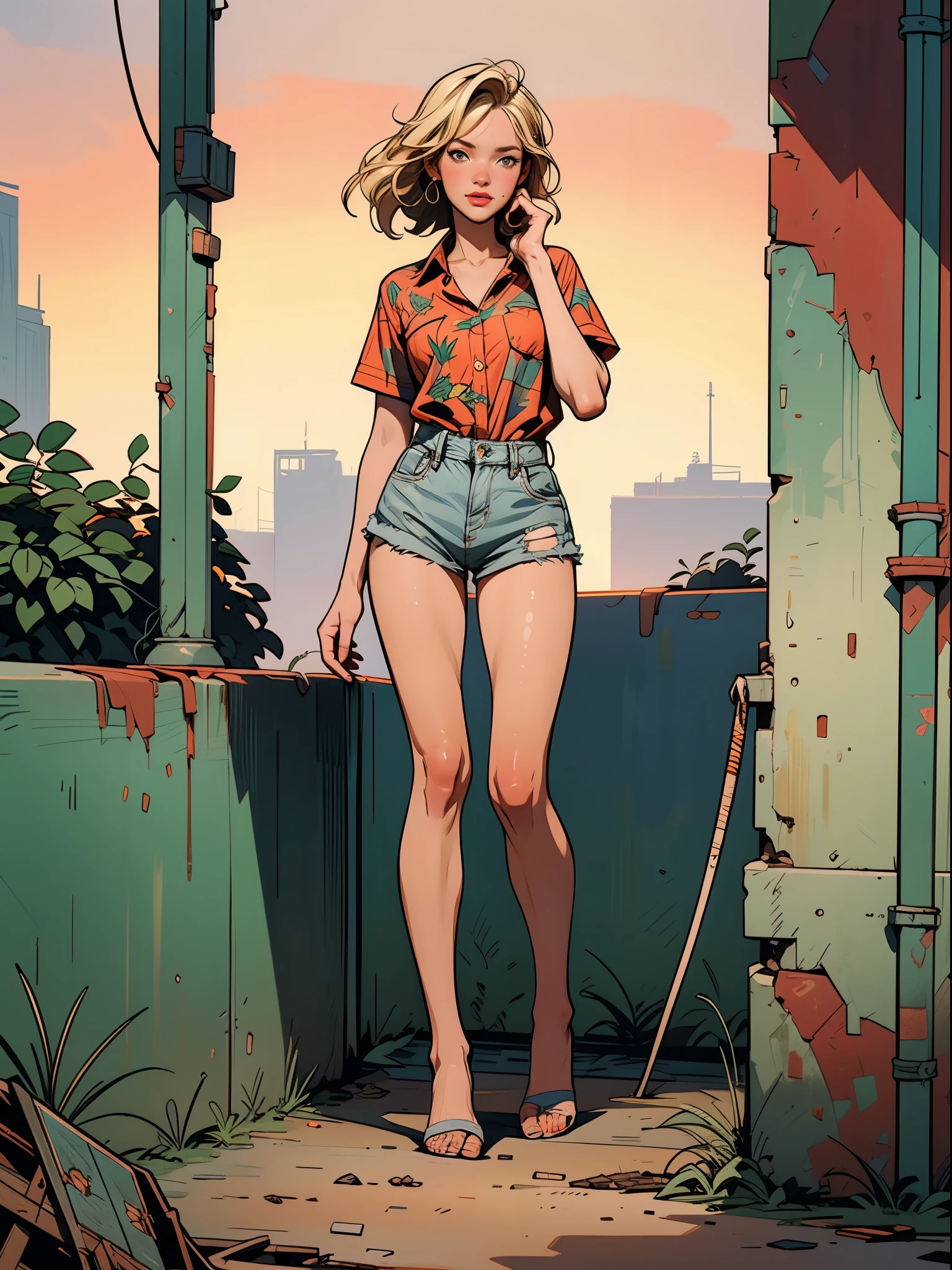 2076 year. The Urban Ruins of the Wasteland, Female huntress picking fruit in the garden, beautiful face, blonde, badly torn shirt and denim shorts ,  long legs, sweating through, sun rising, Nice warm colors, head to toe, full body shot, pretty hands, perfect fingers,