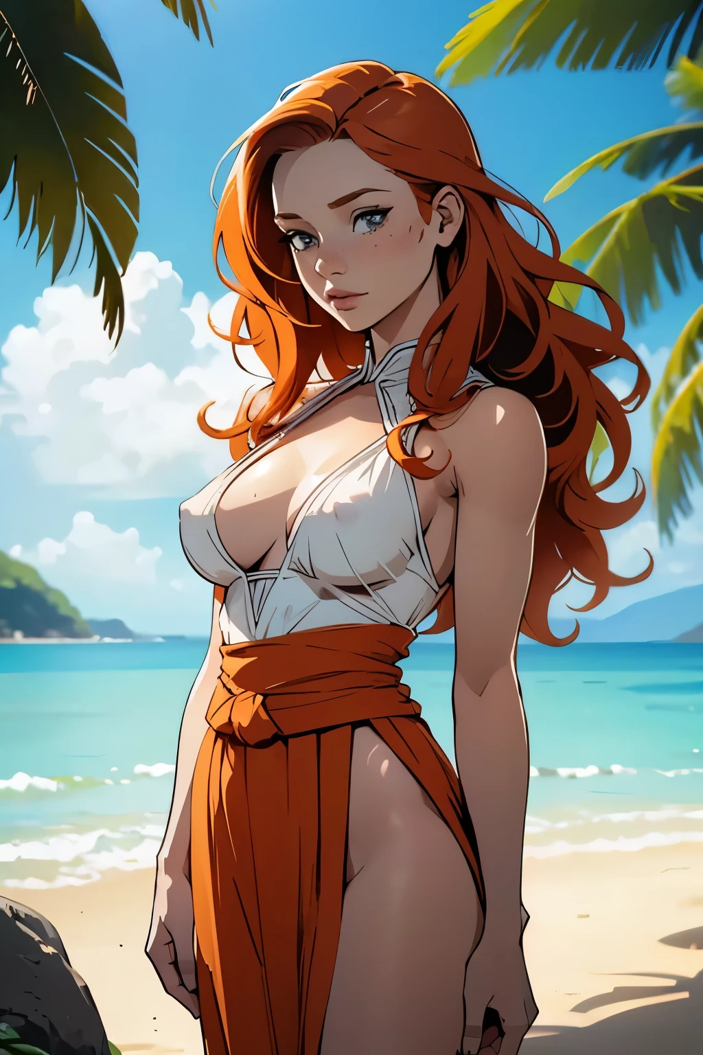 1girl in, age21, Madelaine Petsch, photo of perfect woman, 5'3", Solo, Aesthetic artwork, (irish redhead, long wavy ginger hair, long waist length ginger hair:1.25), (some small freckles, pale skin, no tattoo, medium breasts, B-cup, perky, hard nipples, runners body, thin waist, petite, detailed skin texture), (wearing traditional Hawaiian clothing, leis), exotic flowers in the background, tropical paradise, lush greenery, white sandy beach, crystal clear water, gentle ocean breeze, warm golden sunlight, serene, (realistic photo, best quality, detailed), (8k wallpaper), (cinematic lighting, beautiful light, (noon:1.3)) (sharp focus, intricate), (dslr, realistic, looking at viewer, sharp focus, delicate, soft colors, cinematic)
