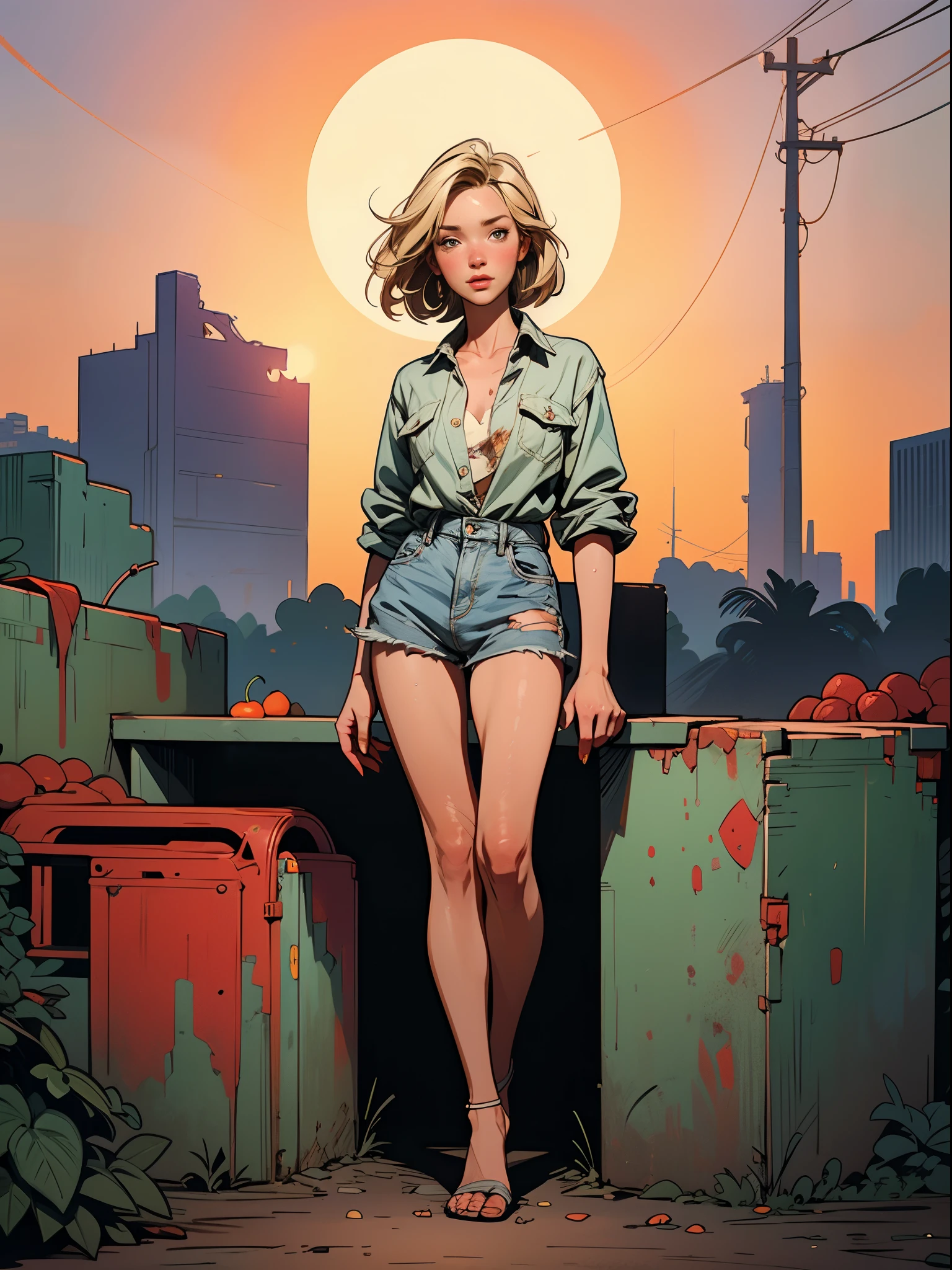 2076 year. The Urban Ruins of the Wasteland, Female huntress picking fruit in the garden, beautiful face, blonde, badly torn shirt and denim shorts ,  long legs, sweating through, sun rising, Nice warm colors, head to toe, full body shot, pretty hands, perfect fingers,