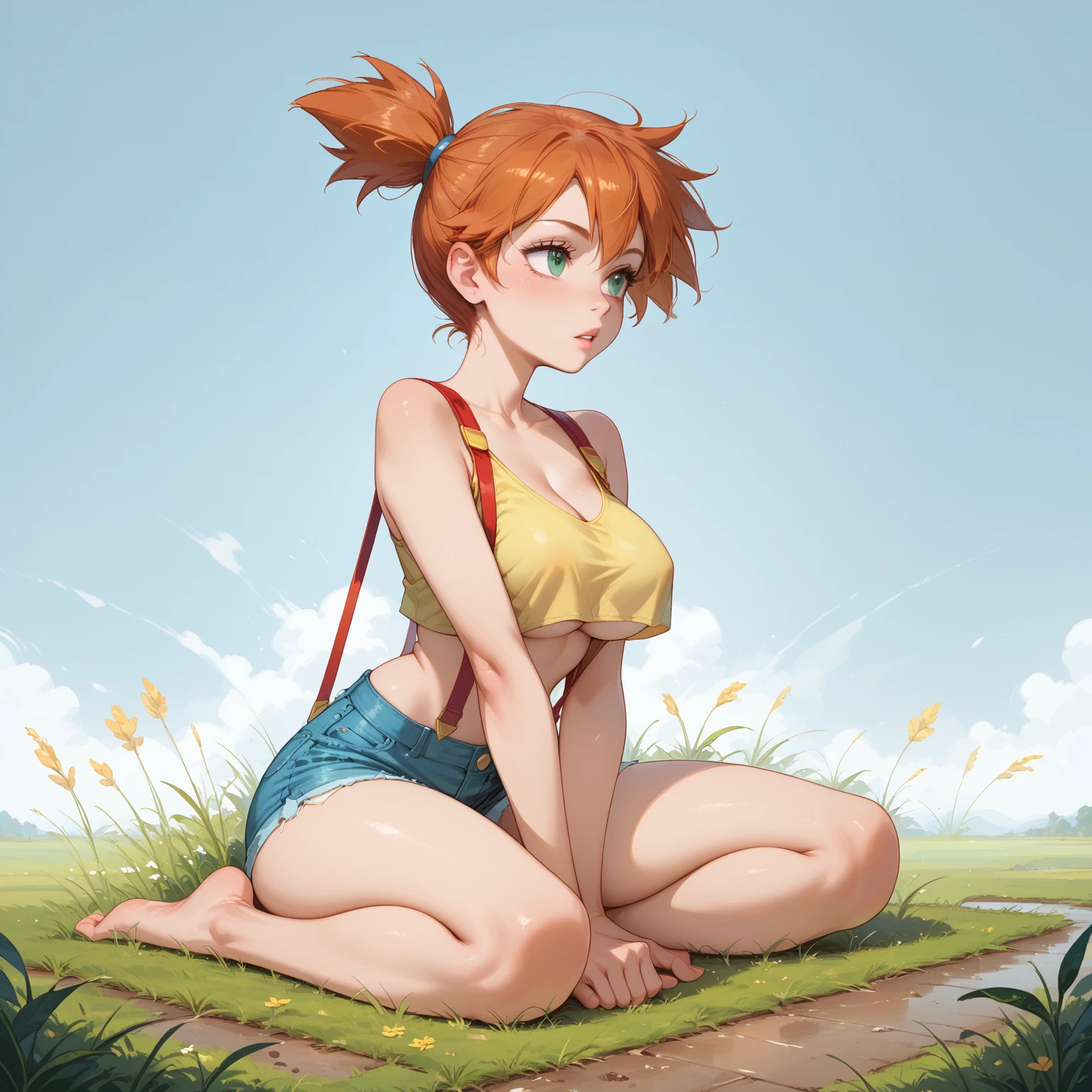 score_9, score_8_up, score_7_up, 1girl, (full body:1.2), (solo), 

misty_(pokemon), pokemon, 1girl, orange_hair, green_eyes, big breasts, looking at her breasts

yellow_crop_top, red_suspenders, denim_shorts, barefoot

sitting in a dominant pose, shirt pull, sexy dominant pose, looking away, grass, dirt floor

simple background