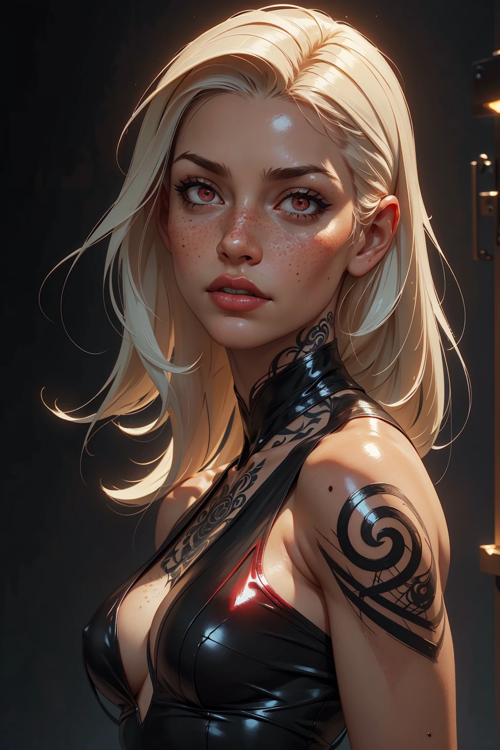 Sinthpaint, Realistic oil paint, 1woman, solo, tattoos, red shiny eyes, long white hair, beautiful, freckles, beautiful body, black dress, grey background, clean background, natural lighting, detailed skin Textures, intricate, detailed face, hyperrealistic, realistic light and shadows , (((cinematic lighting))).