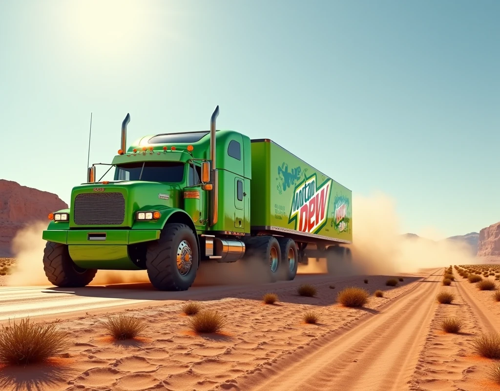 A massive green semi-truck, with a Mountain Dew trailer, driving along a dusty, dirty road through a vast desert under a sunny sky. The truck is framed from the side, with its large tires and robust build clearly visible. The desert floor is cracked and dry, with sparse vegetation and distant rocky hills. The sun is high, casting sharp shadows and highlighting the truck's bold color. The composition is dynamic, with the road leading the eye towards the horizon. The action is powerful, with the truck's wheels churning up dust as it moves forward. The trailer is branded with the iconic Mountain Dew logo, adding a splash of color to the desert scene.