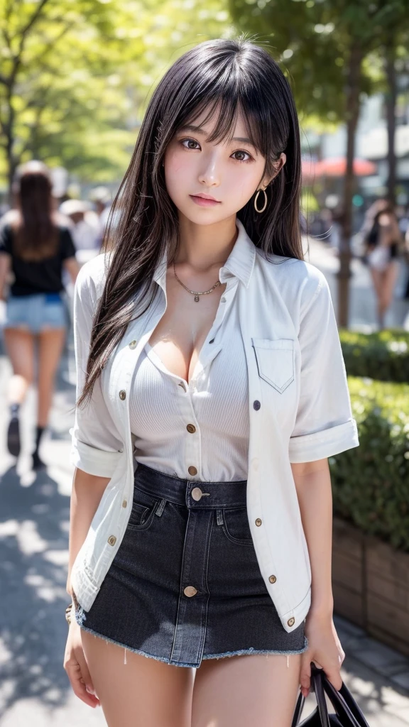 masterpiece, (photoGenuineistic: 1.4), highest quality, Beautiful lighting, Outdoor, Single woman, alone, jewelry, Earrings, Long Hair,Hair blowing in the wind、Light of the sun、 (Rainbow Eyes、Beautiful Eyes、Orange lips、plump lower lip:1.3), Outdoor, Scapula, Glowing Lips,Smile、 null, sunset,Genuine, bangs, (Golden ratio face,Round face contour:1.2)、cloud, necklace, Pillar、(Big Breasts:1.5),(CG Unity 8k high resolution wallpaper), Complex, Attention to detail, Sharp focus, dramatic, beautiful girl, RAW Photos, 8k is, Film Grain、(White Button Long Shirt、denim very short shorts: 1.2), (Brown Skin:1.5)、(Black Hair、鈍いbangs, Long Hair, , 額はbangsで隠されています:1.2)