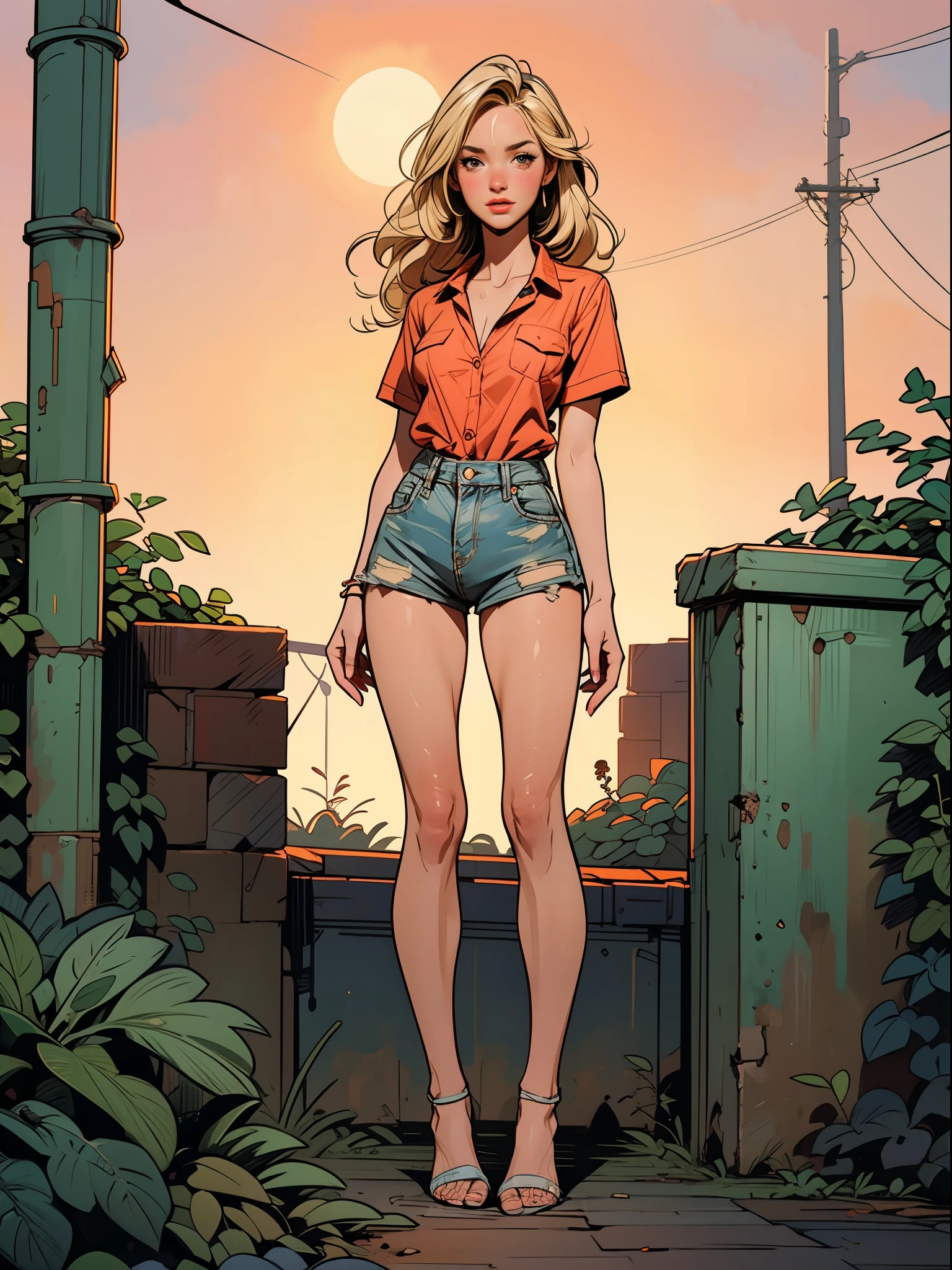 2076 year. The Urban Ruins of the Wasteland, Female huntress picking fruit in the garden, beautiful face, blonde, badly torn shirt and denim shorts ,  long legs, sweating through, sun rising, Nice warm colors, head to toe, full body shot, pretty hands, perfect fingers,