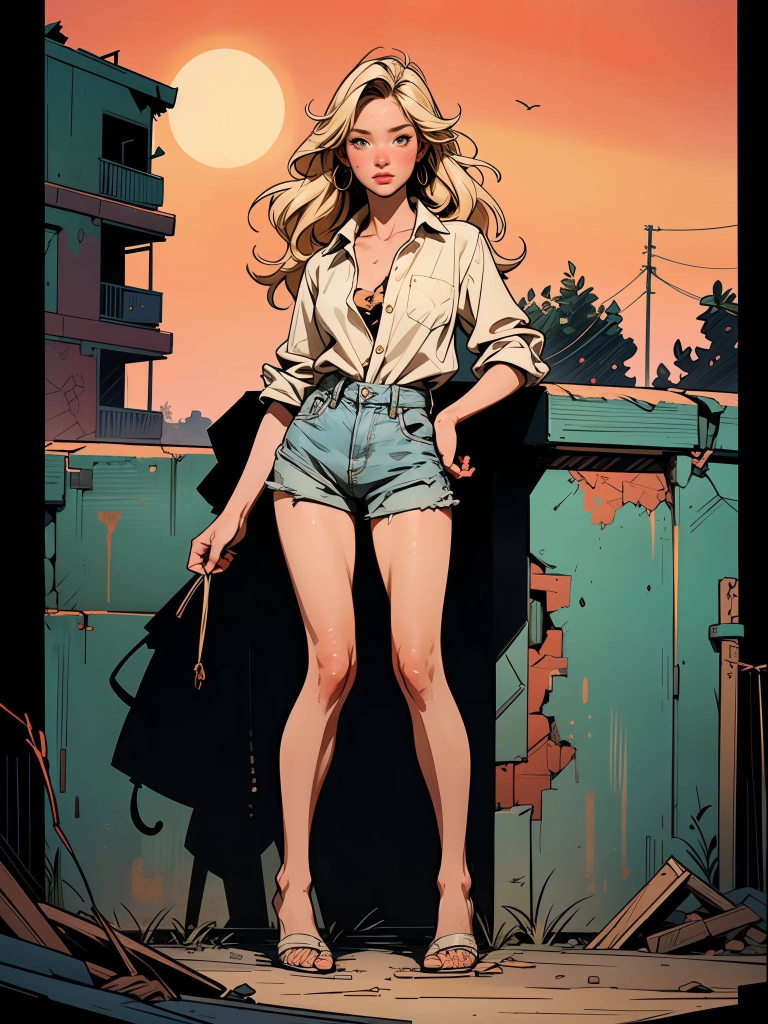 2076 year. The Urban Ruins of the Wasteland, Female huntress picking fruit in the garden, beautiful face, blonde, badly torn shirt and denim shorts ,  long legs, sweating through, sun rising, Nice warm colors, head to toe, full body shot, pretty hands, perfect fingers,