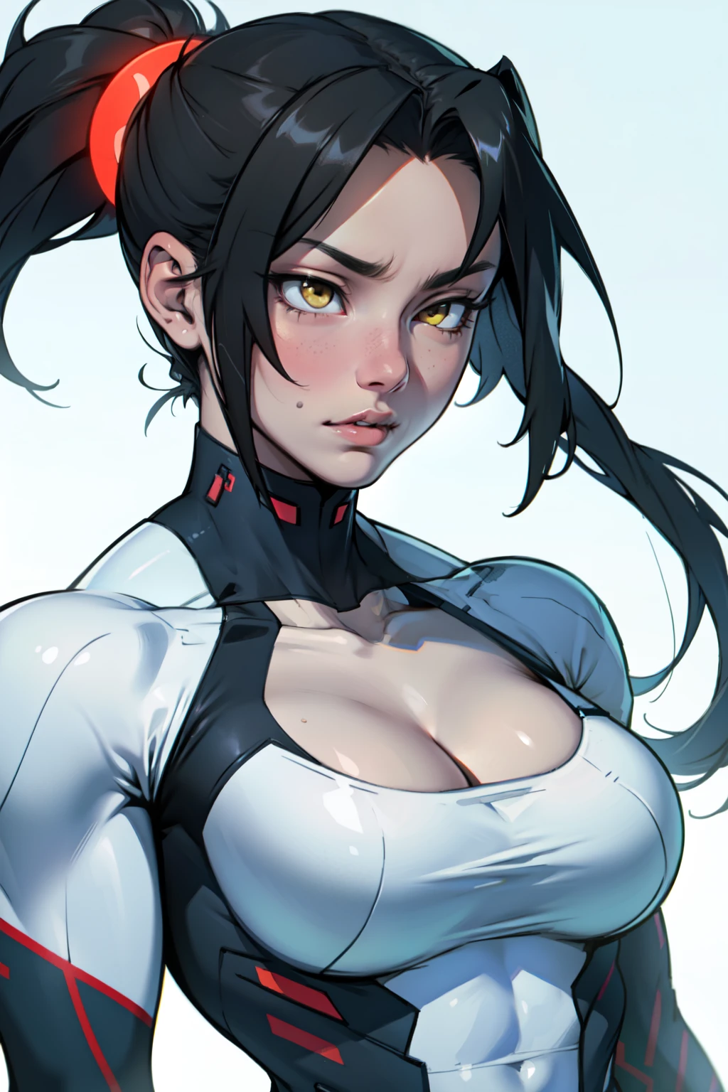 perfect anatomy muscular girl toned body huge breasts black hair yellow eyes solo
