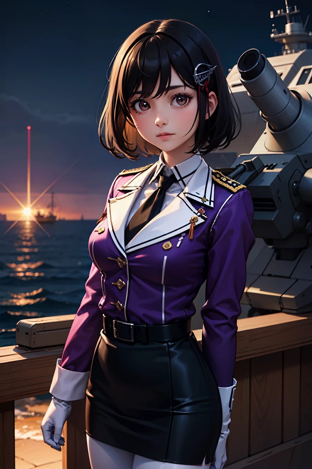 ((  Masterpiece )),(  best quality),  Official Art,  Highly Detailed CG ,   Unity 8K Wallpaper,   super detailed , holding a cannon 、skate、Heavy Cruisers、I'm holding a cannon、Mecha Girl、 robot 、Battleship、battle、  1 girl ,Alone,  upper body,(  portrait:1.2),white_  pantyhose ,black_ ties,hair_   purple jacket {x} ornament with yams,short_hair,black_hair,military_uniform,black_eye,white_Gloves,  standing on the sea ,pencil_  skirt,black_  skirt,brown_eye,elbow_Gloves,Supernova