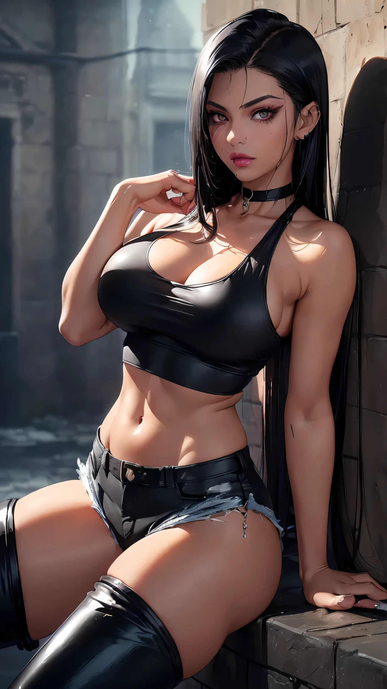 Tifa Lockheart, white crop top, short black skirt, large breasts