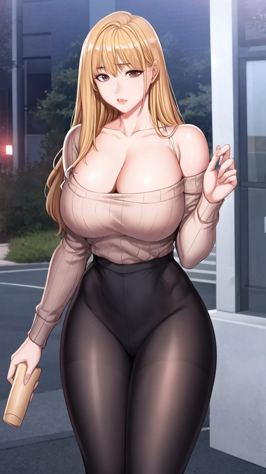 score_9, score_8_up, score_7_up, score_6_up, score_5_up, score_4_up, (8k, RAW photo, best quality, masterpiece:1.2),1girl,solo,mature female,blonde hair,long hair,brown eyes, curvy, breasts, cleavage, sweater, loose sweater, bare shoulders, pantyhose, collarbone 
, standing, night, city, outdoors 