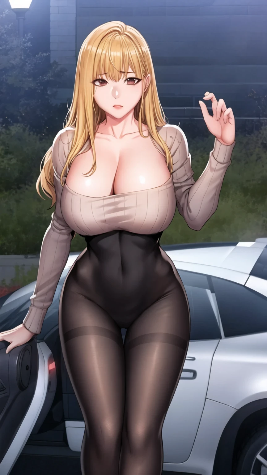 score_9, score_8_up, score_7_up, score_6_up, score_5_up, score_4_up, (8k, RAW photo, best quality, masterpiece:1.2),1girl,solo,mature female,blonde hair,long hair,brown eyes, curvy, breasts, cleavage, sweater, loose sweater, bare shoulders, pantyhose, collarbone 
, standing, night, city, outdoors 