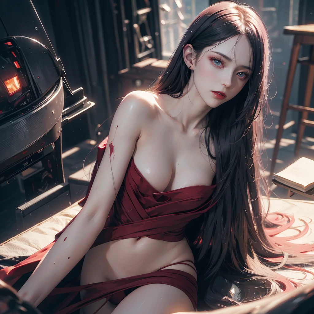 (best quality,highres),(realistic:1.37),dark,goth,woman, silver eyes,detailed face,completely naked,long wavyblack hair,straight bangs,pale skin,red lipstick,intense expression,mysterious atmosphere,gothic background,dim lighting,night,vivid colors, rounded pale breasts with pale-pink nipples and pale pink areolas, detailed vagina, detailed anus, long and slender legs, fullbody, Hyper realistic, detailed anatomy, detailed erotic. high quality, 8k, cinematic lighting, dramatic lighting, ethereal, dreamy, sensual, best quality, highres, masterpiece:1.2, ultra-detailed, realistic, photorealistic, photo-realistic:1.37, HDR, UHD, studio lighting, ultra-fine painting, sharp focus, extreme detail description, professional, creamy smooth pale skin, detailed vagina, torn hymen, defloration blood, blood stains on floor, vivid colors, sexual content, mature content, anatomically accurate, realistic body proportions, detailed delicate face.