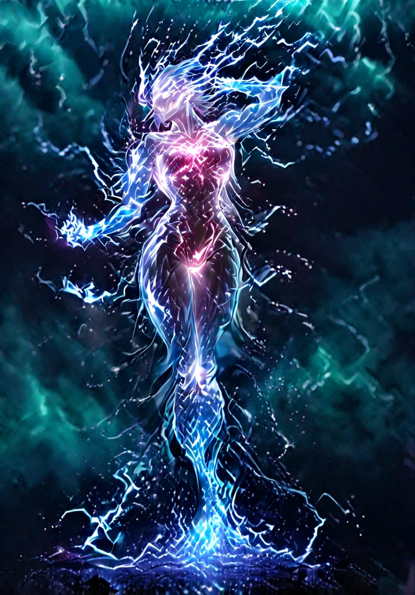 (Masterpiece, best quality, beauty and aesthetics:1.2),transparent luminous star body:1.2, lightning mana spirit physique,solo,full body standing, ferocious thunderstorm background, celestial devil female orc, extremely long legs, single forehead horn, lightning aura, bailing_lightning