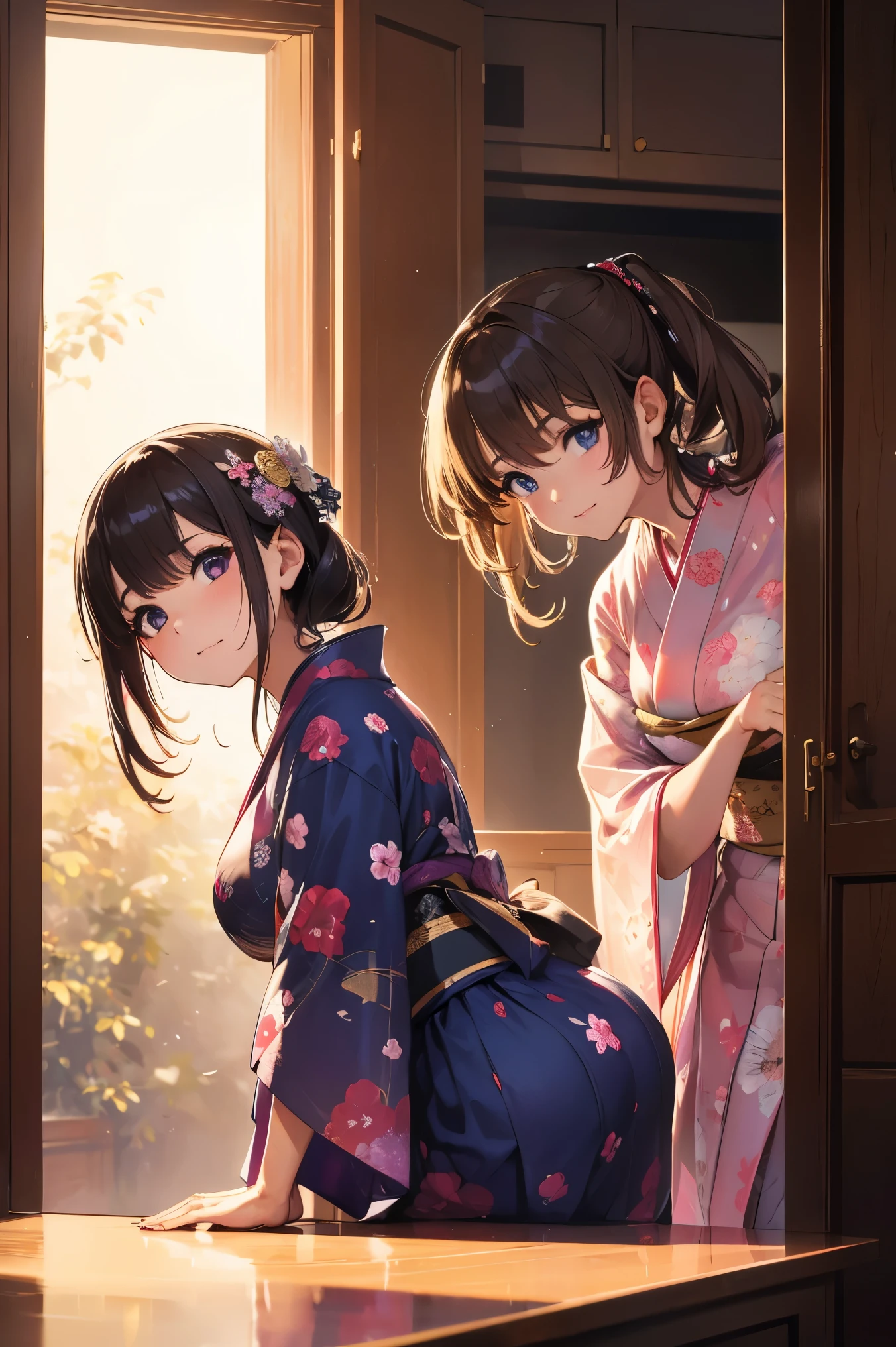 score_9, score_8_up, score_7_up, score_6_up, score_5_up, score_4_up, extreme detail, Masterpiece, Best Quality, beautiful, high res image, rating_explicit, Beauty, 40 years old, New Year, Furisode, yukata ((transparent)), indoors, pushing the door open, leaning forward, (seductive:1.1),