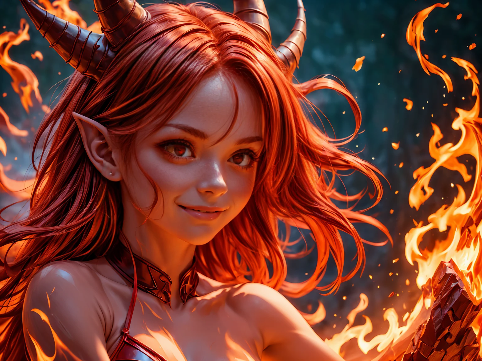 solo, 1girl, ((best quality)), ((masterpiece)), (detailed), 4k, very small red goblin girl, red skin, pointy ears, long straight red hair on fire, red eyes, looking at viewer, tired, exhausted, nude, small horns on head, sexy pose, looking at viewer, post coitus, post sex, after sex, loving, wants more sex, loving expression, lying down looking up at viewer, smiling, very detailed eyes