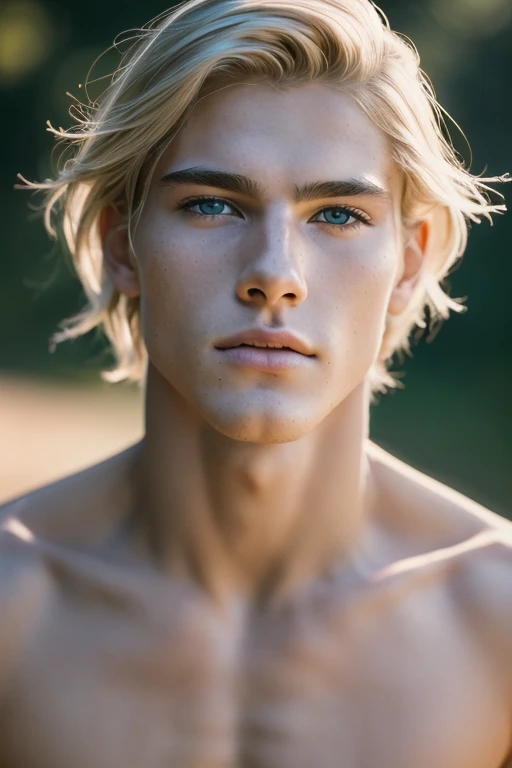 Create an image of a teenager with dark skin and blond hair, light grayish green eyes and freckles on his face and he has some bandages on his face, he has a look of fear and stillness. He's naked in style: Fantasty 3D