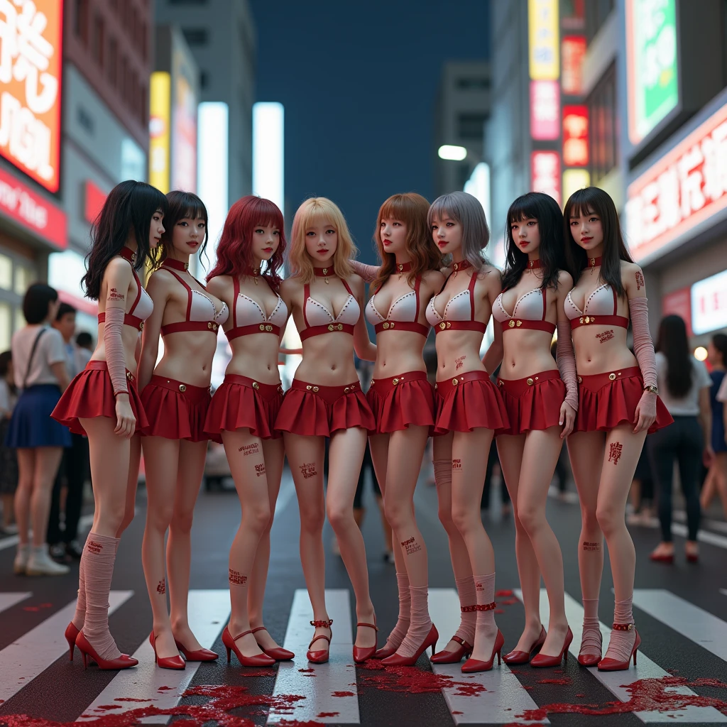 (((SFW, NSFW STILL SHOW, 12 Tiny Girls in a row:1.2, Shibuya Hachiko-mae scramble crossing on Halloween:1.2))), ((masterpiece:1.2, best quality, photorealistic:1.37)), {(Standing Full Body:1.2)|(from below:1.2)}, bandaged full body, { (bandaged head| bandaged limbs | Blood is dripping from the crotch) }, {((naked bandage))|metallic red nipple stickers}, {((bloody))|blood paste|(Blood-stained bandages)}, ((Detailed KAWAII face, Detailed glistening ivory skin)), {Bustling street|Crossroads|(Passerby schoolgirls)| halloween| neon}, {(Childish:1.2|Gigantic Cleavage:1.37|Underboob:1.2)}, {Red leather high collar| random weapons|shotgun|random hair colors}, {Floating hair|Strong wind|(((Ass focus)))}, Skirtlift, {(Kissing face to face)|:p|:d|laugh|sparkle|joyful|delighted|Drunk},extremely Detailed,