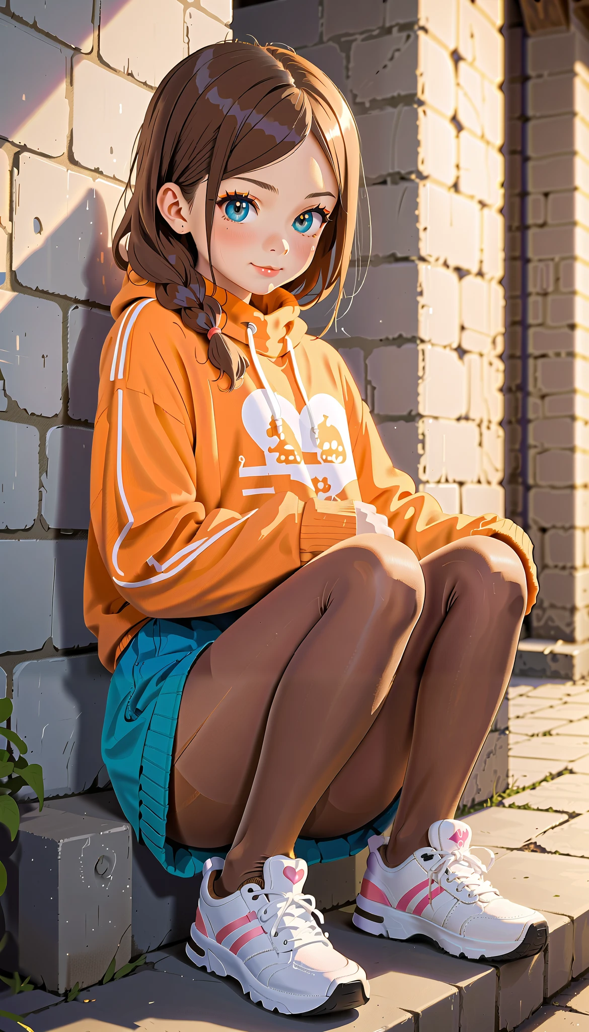 Asuka Tanaka, tight sweater, extra short skirt, (highly shiny brown pantyhose:1.4), sneakers, (:1.4), sitting in a dungeon