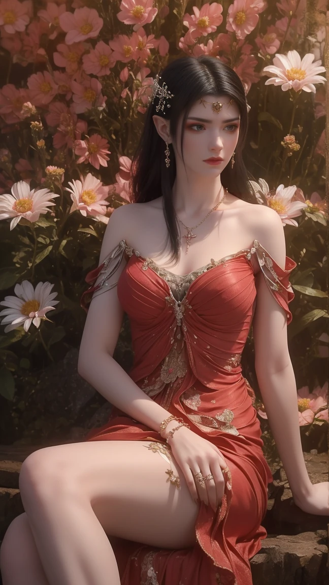 a woman with long, wavy black hair, wearing a light red dress adorned with pink flowers. She is seated in front of a backdrop of white daisies and pink flowers, adding a pop of color to the otherwise monochromatic scene. The woman's dress is adorned with a silver chain, adorned with pearls, and a silver bracelet. Her left hand is resting on her lap, while her right hand is draped over her right shoulder. The backdrop is blurred, creating a stark contrast with the white flowers.